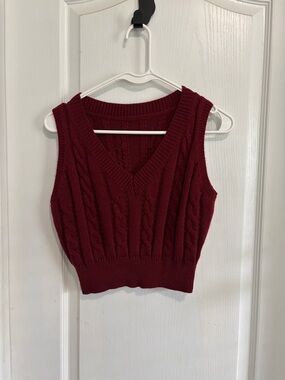 Cable Knit V-Neck Sweater Vest in Deep Wine